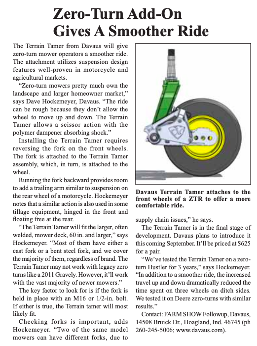 Farm Show Magazine Article on Rider Tamer retrofit zero turn mower suspension system.